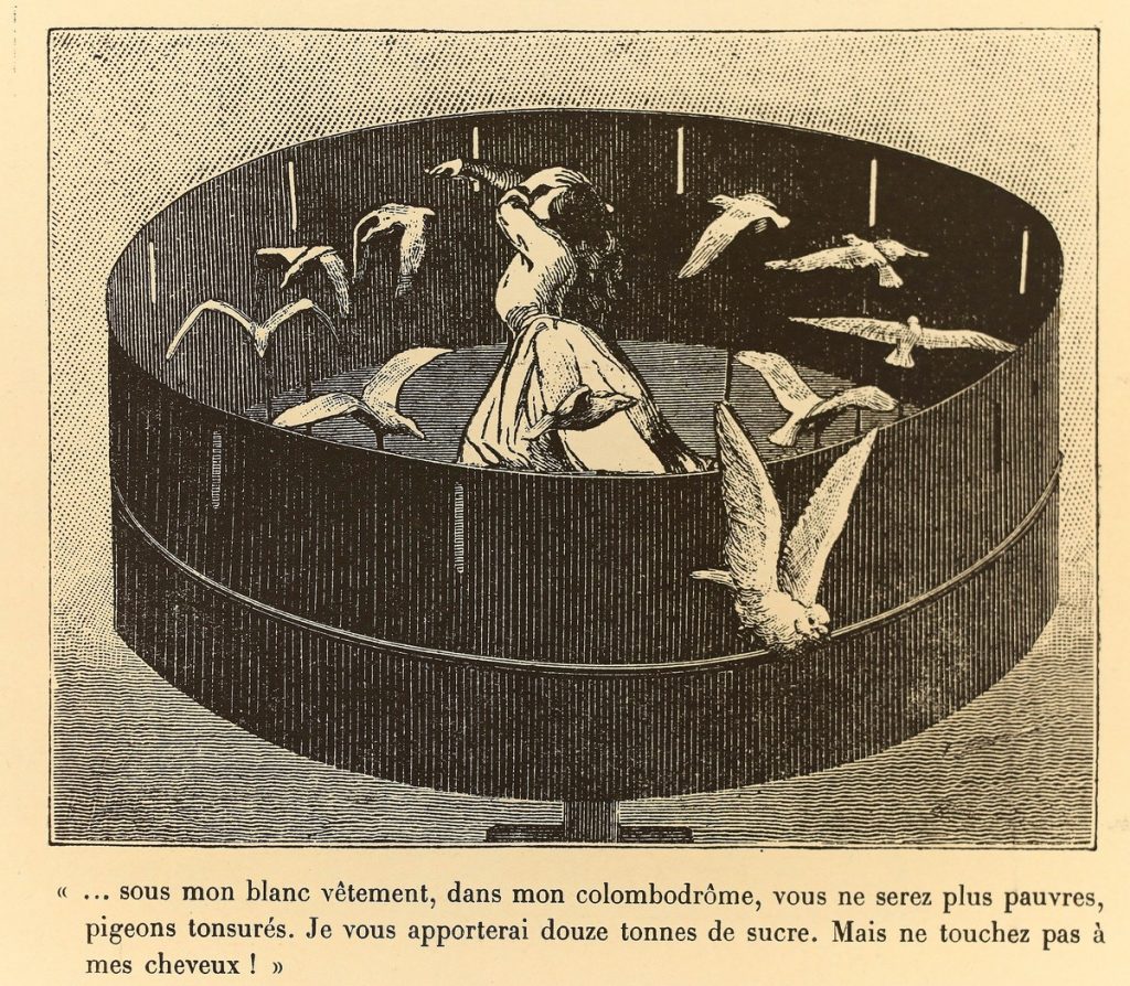 Max Ernst: „…unter meinem weißen Gewand, in meinem Taubenhaus, werdet ihr nicht mehr arm sein, ihr tonsurierten Tauben. Ich werde euch zwölf Tonnen Zucker bringen. Aber berührt nicht mein Haar“ / «…sous mon blanc vêtement, dans mon colombodrôme, vous ne serez plus pauvres, pigeons tonsurés. Je vous apporterai douze tonnes de sucre. Mais ne touchez pas à mes cheveux!», aus: Das Karmelienmädchen. Ein Traum / Rêve d'une petite fille qui voulut entrer au Carmel, 1930. Druck nach Collage, 7,7 x 11,3 cm. Sammlung Würth © VG Bild-Kunst, Bonn 2024