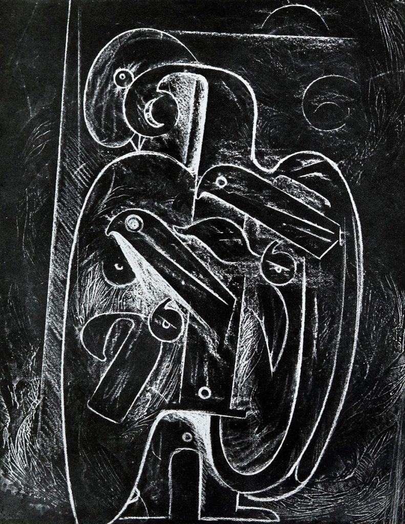 Max Ernst: …des vollständig auf sie beschränkten, des vom Rest der Welt isolierten / … d’absolument limité à eux, d’isolant du reste du monde, aus: André Breton: Le château étoilé, 1936. Fotogramm nach Frottage, 25 x 20 cm. Sammlung Würth © VG Bild-Kunst, Bonn 2024