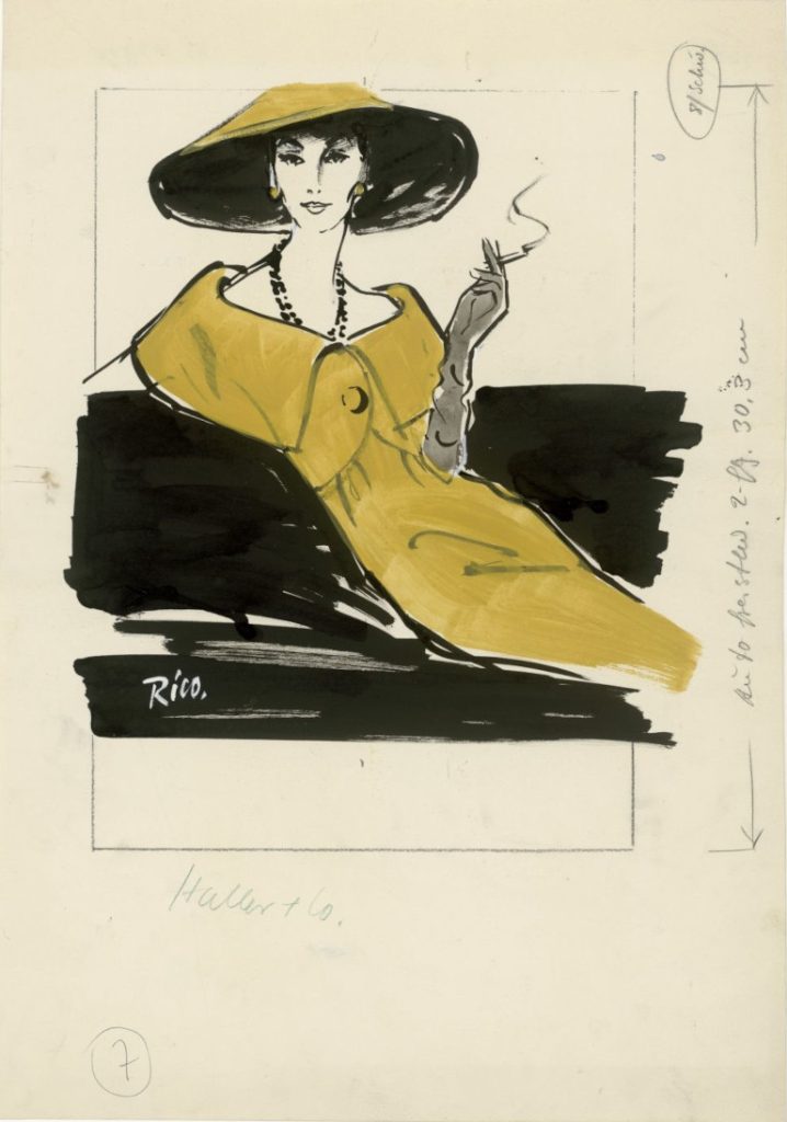 Rico Puhlmann, Bolero mit weit vom Hals weggerundetem Kragen über schmal geschnittenem Kleid von Haller & Co., West-Berlin, 1958, Illustration, 43,9 x 30,6 cm, © Rico Puhlmann Archive(veröffentlicht in „Schweizer Kollektionen geben den Auftakt zum europäischen Modesommer 1959“, in: textil-report, Sonderbeilage, 18. Oktober 1958)