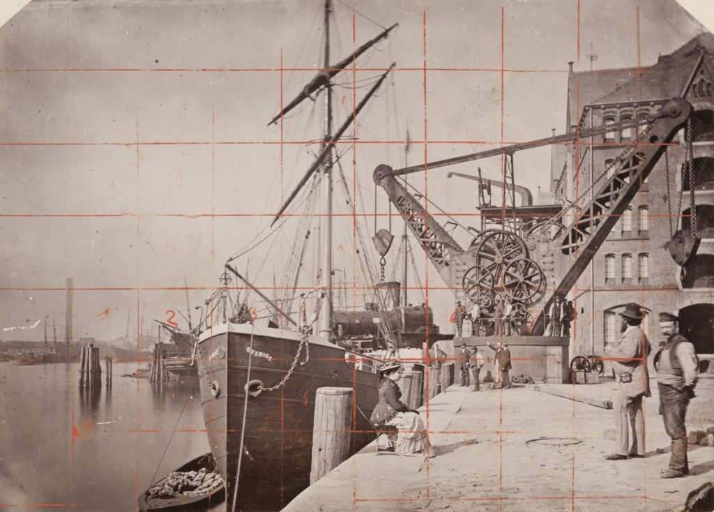 Hermann Priester (tätig 1860-1890), Verladung der Borsig-Lokomotive mit Paul und Clara Meyerheim (mit Quadraturgitter), vor 1873, Kollodiumpapier, © Archiv der Universität der Künste, Berlin